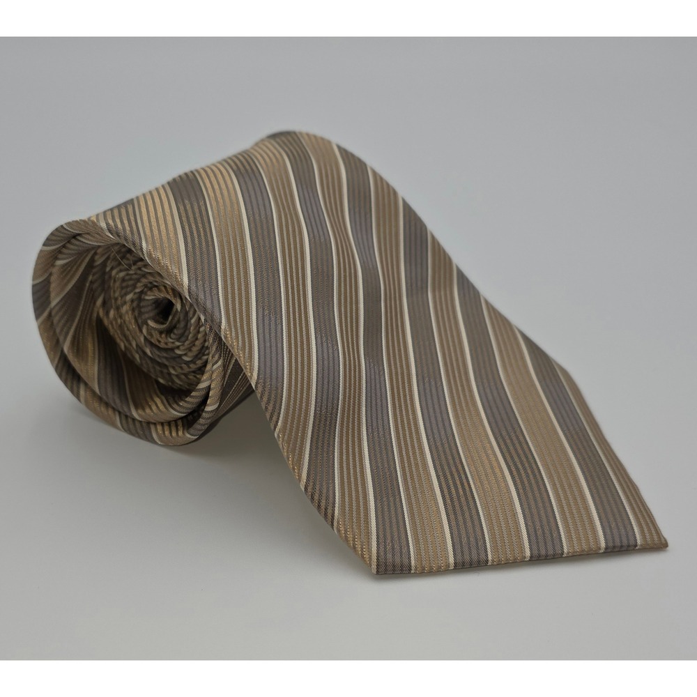 ZIGGURAT‎ Mens Striped Silk Necktie Tan Brown Grey Formal Business
